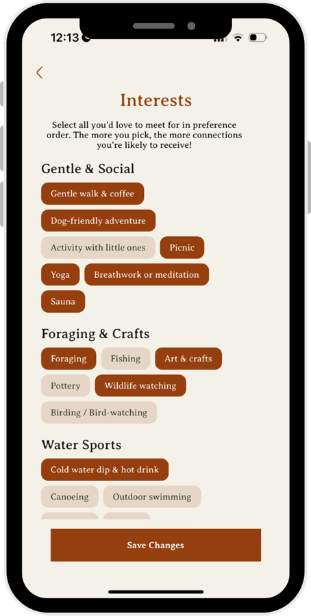 Grounded Connections app: choosing your activities and interests