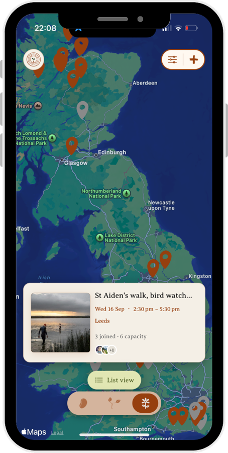 Grounded Connections app: events map of women's meet-ups across the UK and Ireland